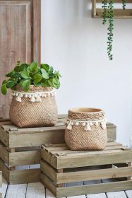 Set of 2 6.5x6.5x6" Brown Cement Planter with Woven Tassel Accent