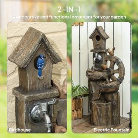 2-in-1 Outdoor Water Fountain with Birdhouse, Outdoor Waterfall Fountain with LED Lights Pump, Tree Trunk Outdoor Water Feature, Resin Garden Fou