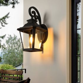 21"(H) 1-Pack Outdoor Wall Lantern Light – Vintage Black Metal & Clear Glass Sconce with Decorative Scroll Design for Porch, Patio, and Garden Lighti