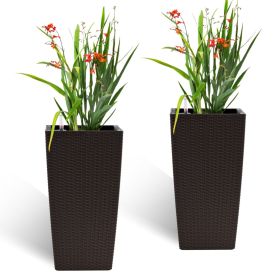 Pack of 2 Brown Color Square Planter 22-Inch High Faux Rattan Design Flower Pot with Automatic Watering System for Porch Patio Backyard Makes Keeping