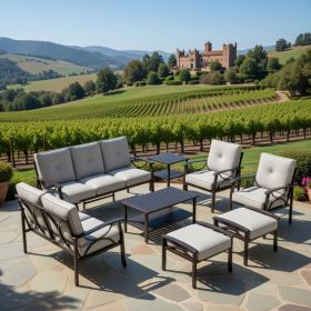 8-Piece Metal Patio Furniture Set, 9-Seat All-Weather Conversation Sofa with 4 Inches Thick Gray Cushions, Black Frame, Coffee Table, Side Table, End