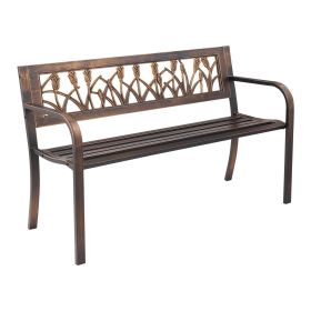 Outdoor Bench, 50 inch, Carbon Steel Metal Frame with PVC Floral Pattern Backrest and Round Edge Armrests, Weatherproof Outside Bench for Patio, Gard