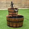 Rustic 2-Tier Barrel Water Fountain with Hand Pump, Wooden Fir Outdoor Fountain for Patio Garden