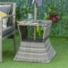 Rattan Tea Bistro Side Table with Umbrella Hole, 2-Tier Storage Shelf, Gray, for Patio & Backyard