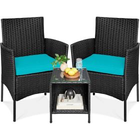 3-Piece Black PE Wicker Outdoor Dining Patio Furniture Set w/ Cushions (Color: Teal Blue)