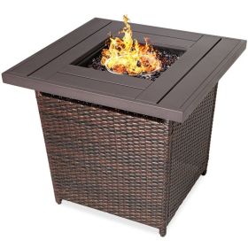 Resin Wicker Fire Pit LP Gas Propane w/ Faux Wood Tabletop and Cover (Color: Brown)