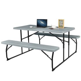 Folding Picnic Table with 2 Benches Outdoor Patio Dining Set (Color: Grey)