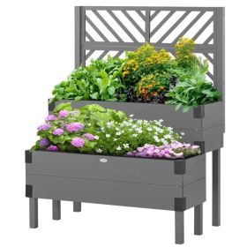 2 Tier Self Draining Wood Raised Garden Bed Planter Box with Trellis (Color: Grey)