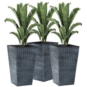 Set of 3 -Faux Rattan Plastic Tall Large Flower Pots (Color: Grey)