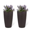 Set of 2 Faux Rattan Tall Planters Outdoor Indoor Large Planters with Water Level Monitor Inner Bucket, Automatic Watering, Flower Plant Pots for Gar