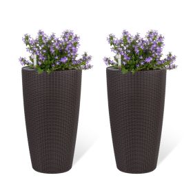 Set of 2 Faux Rattan Tall Planters Outdoor Indoor Large Planters with Water Level Monitor Inner Bucket, Automatic Watering, Flower Plant Pots for Gar (Color: as Pic)