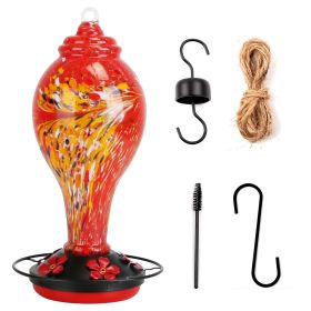 Glass Hummingbird Feeder 33OZ Hand Blown Hummingbird Feeder with 5 Flower Feeding Port Perch Ant Moat Hanging Hook S Hook Hemp Rope Cleaning Brus (Color: Red)