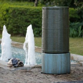 44" Tall Large Round Green Ribbed Tower Water Fountain, Verge Bronze, Cement Outdoor Bird Feeder / Bath Fountain (Color: as Pic)